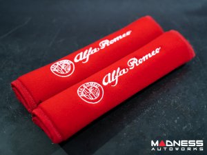 Seat Belt Shoulder Pads - set of 2 - Red w/ White Alfa Romeo Logo + Red Binding